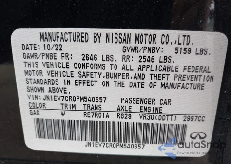 2023 Infiniti Q50 Sensory Awd z USA, uszkodzony, nr VIN JN1EV7CR0PM540657